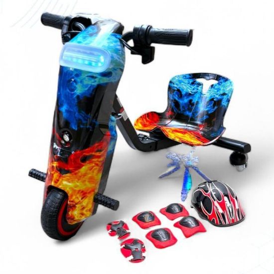 صورة سكوتر درفت صغير بطبعات أزرق ناري مختلفة 36 فولت بثلاث عجلات